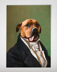 Custom dog portrait poster featuring a brown dog in a black suit with a ruffled white shirt, on a green background.
