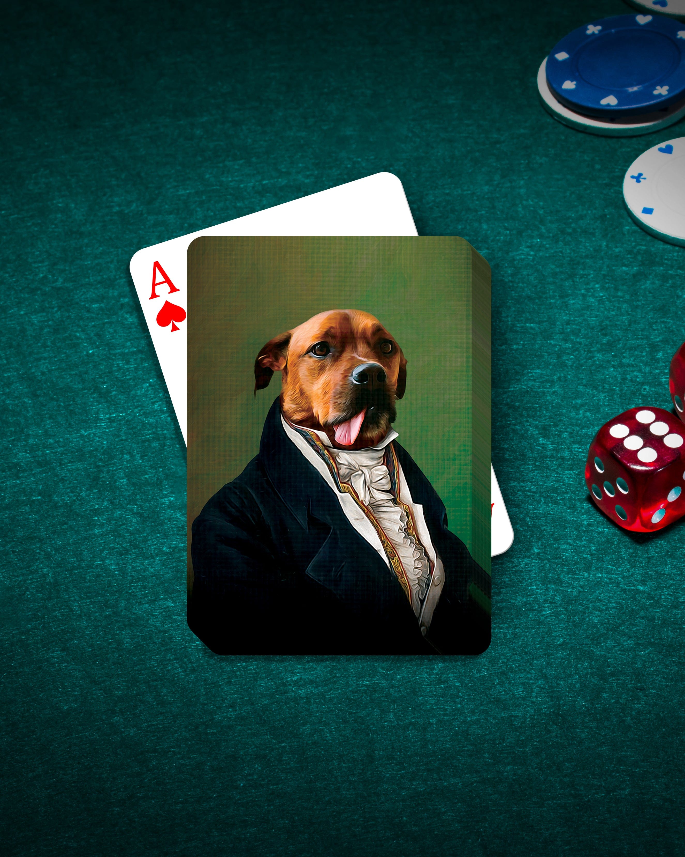 Custom personalized playing cards featuring a dog in a renaissance royal portrait style on a green poker table.