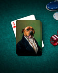 Custom personalized playing cards featuring a dog in a renaissance royal portrait style on a green poker table.