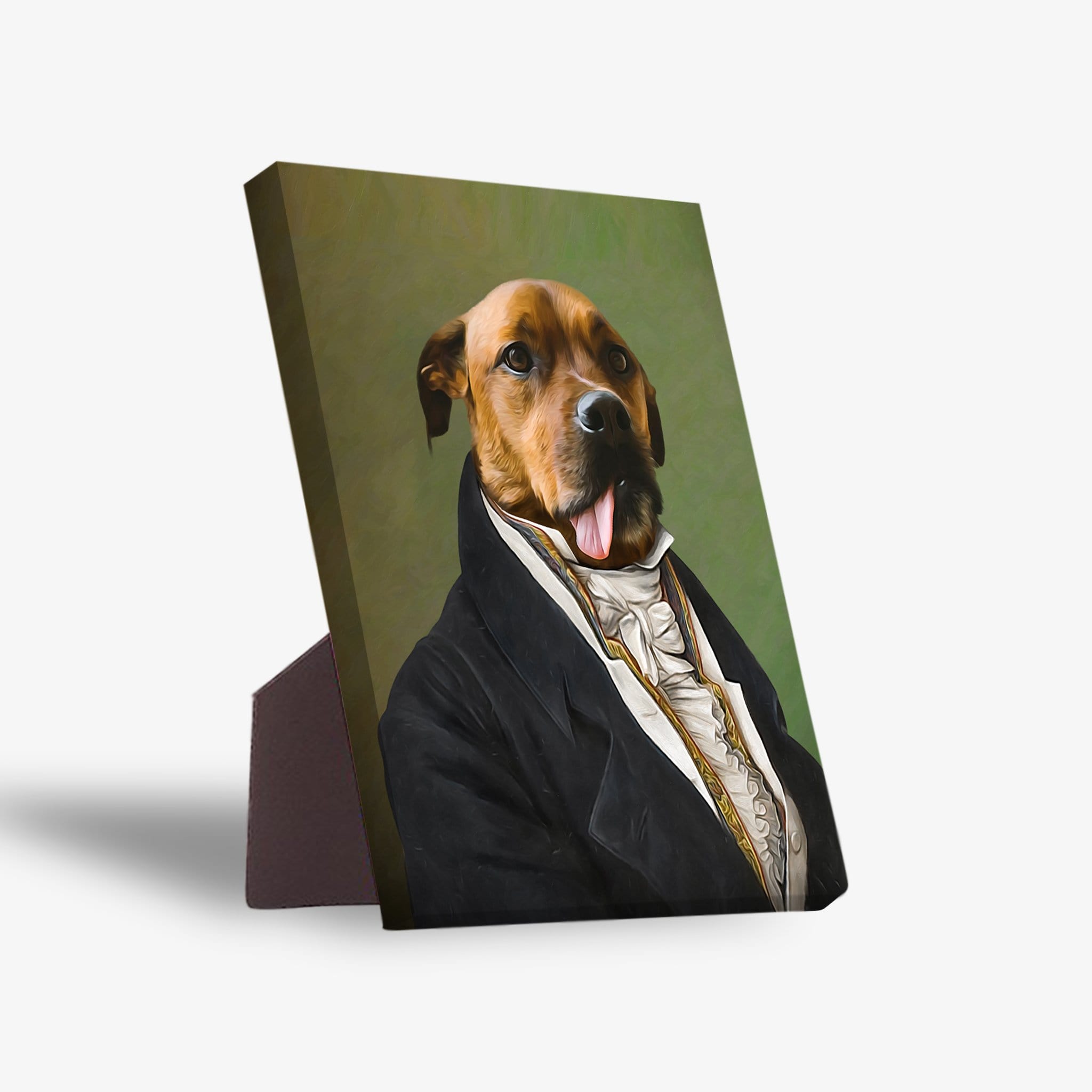 Personalized pet standing canvas featuring a dog in a black suit against a green background, with a sturdy back stand.