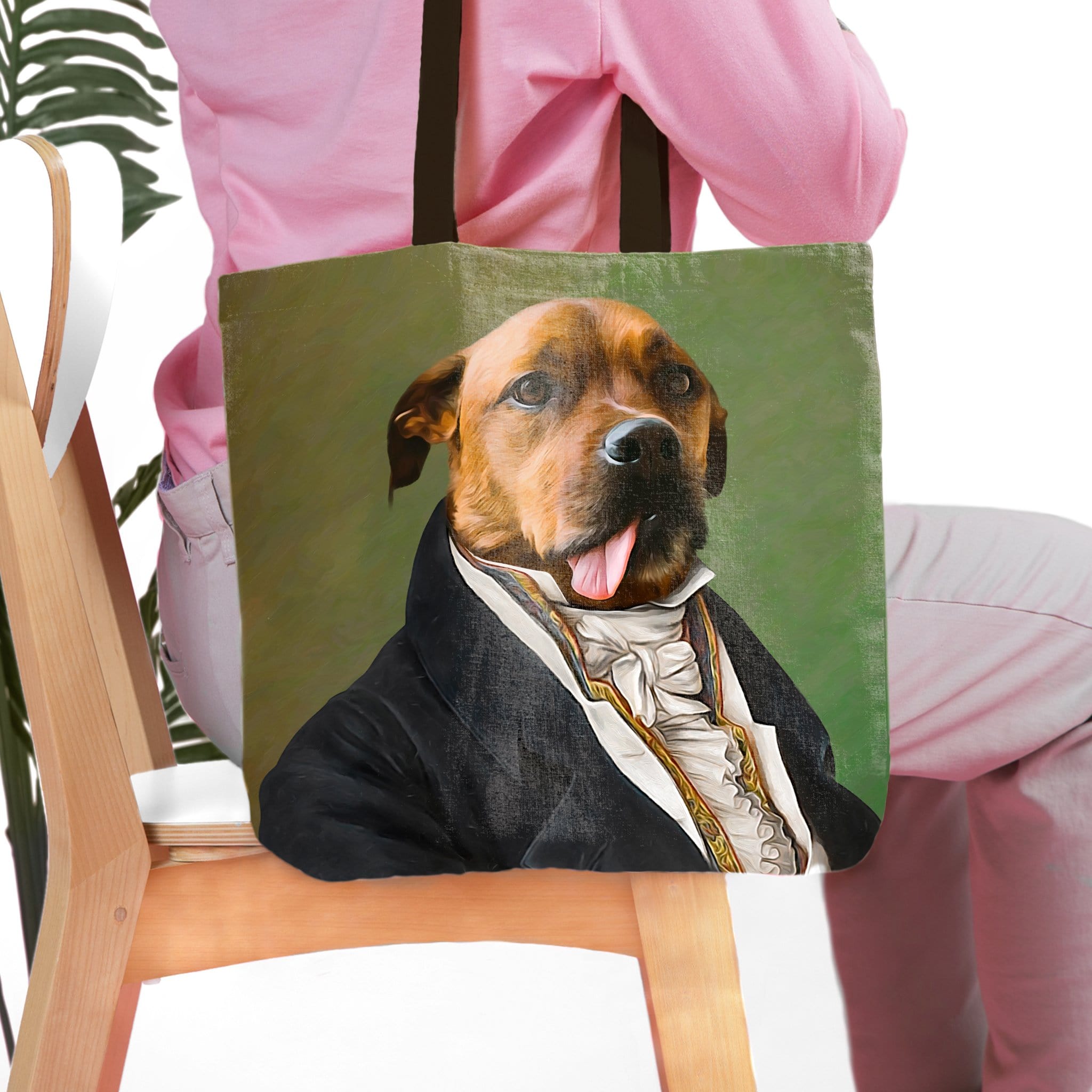 Personalized 'The Ambassador' tote bag with a custom renaissance-style portrait of a brown dog.