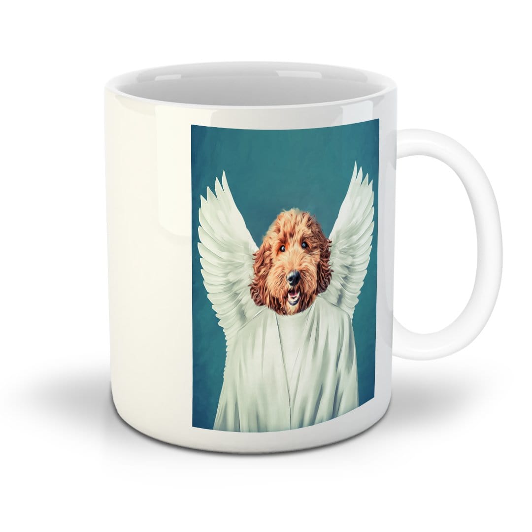 White ceramic mug with a personalized Angel Goldendoodle pet portrait on a teal background.