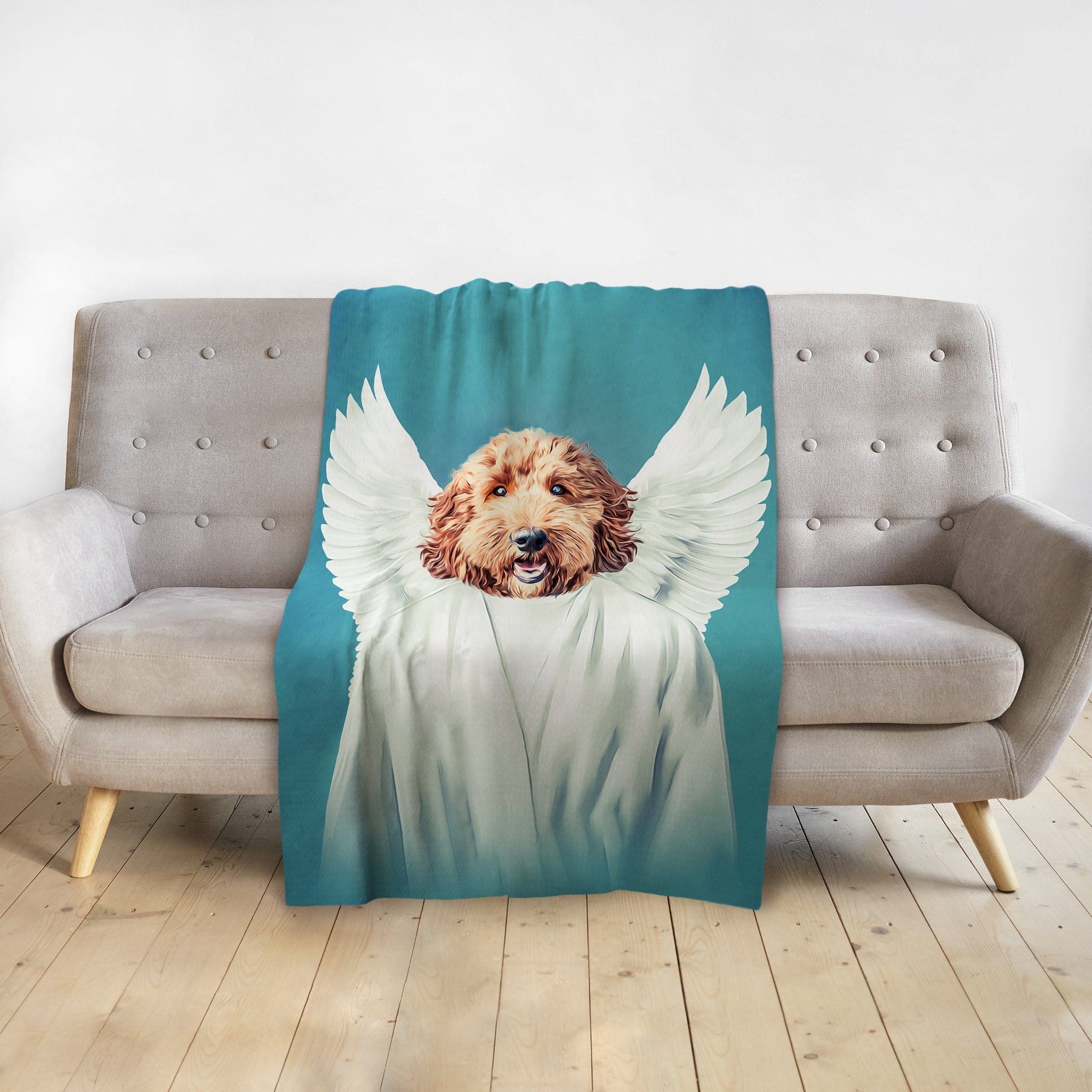 Personalized pet blanket with a golden doodle dog portrait as an angel on a teal background.