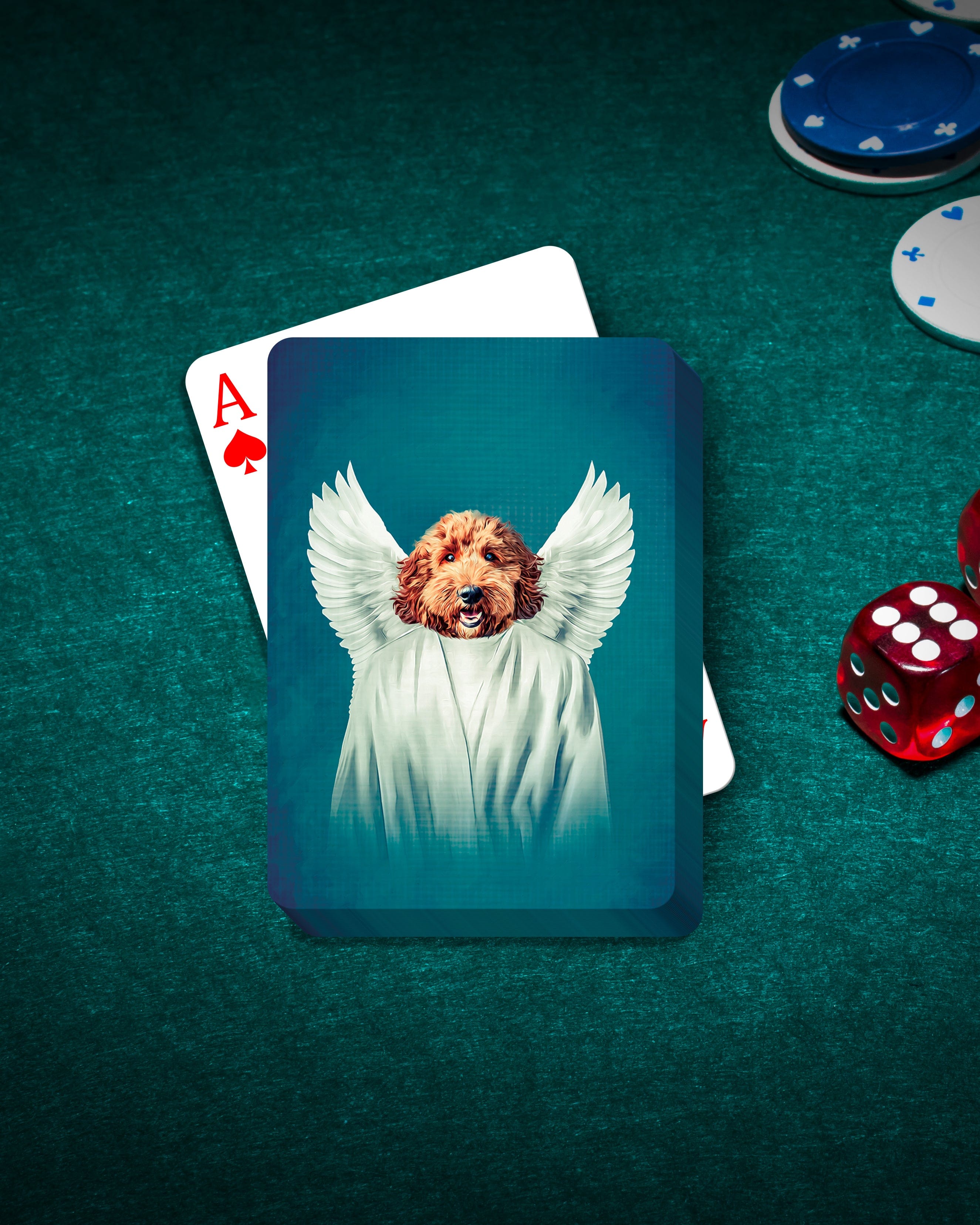 Custom pet portrait playing cards featuring a dog with angel wings on a green poker table.