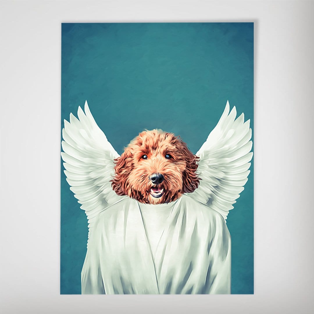 Personalized "The Angel" pet poster featuring a brown dog with white wings and robe on a teal background.