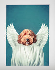 Personalized "The Angel" pet poster featuring a brown dog with white wings and robe on a teal background.