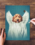 Personalized pet puzzle featuring a golden doodle as an angel, with a hand placing a piece.