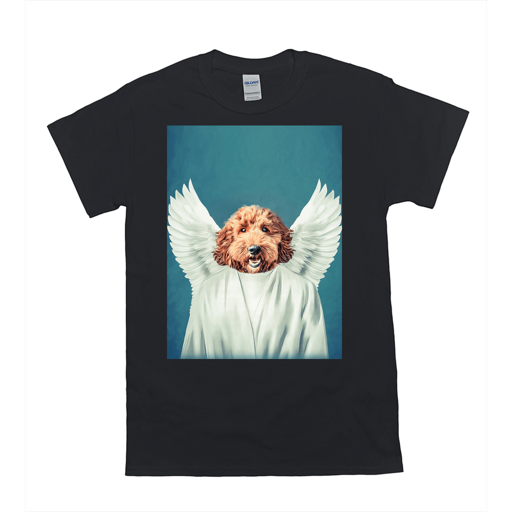 Black Gildan t-shirt with a personalized pet portrait of a dog as an angel with white wings and robe.