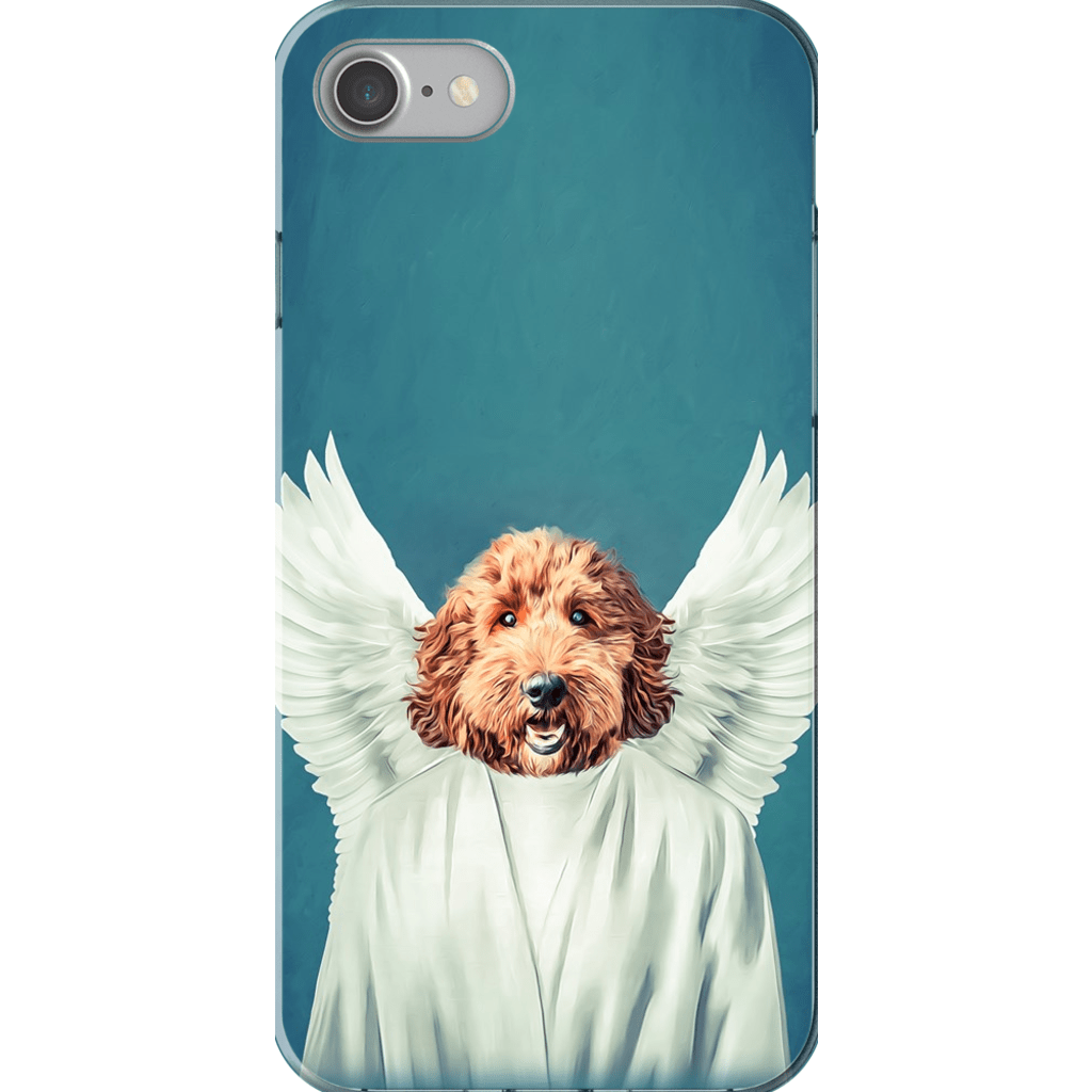 Personalized phone case with a brown doodle dog portrait as an angel on a teal background.