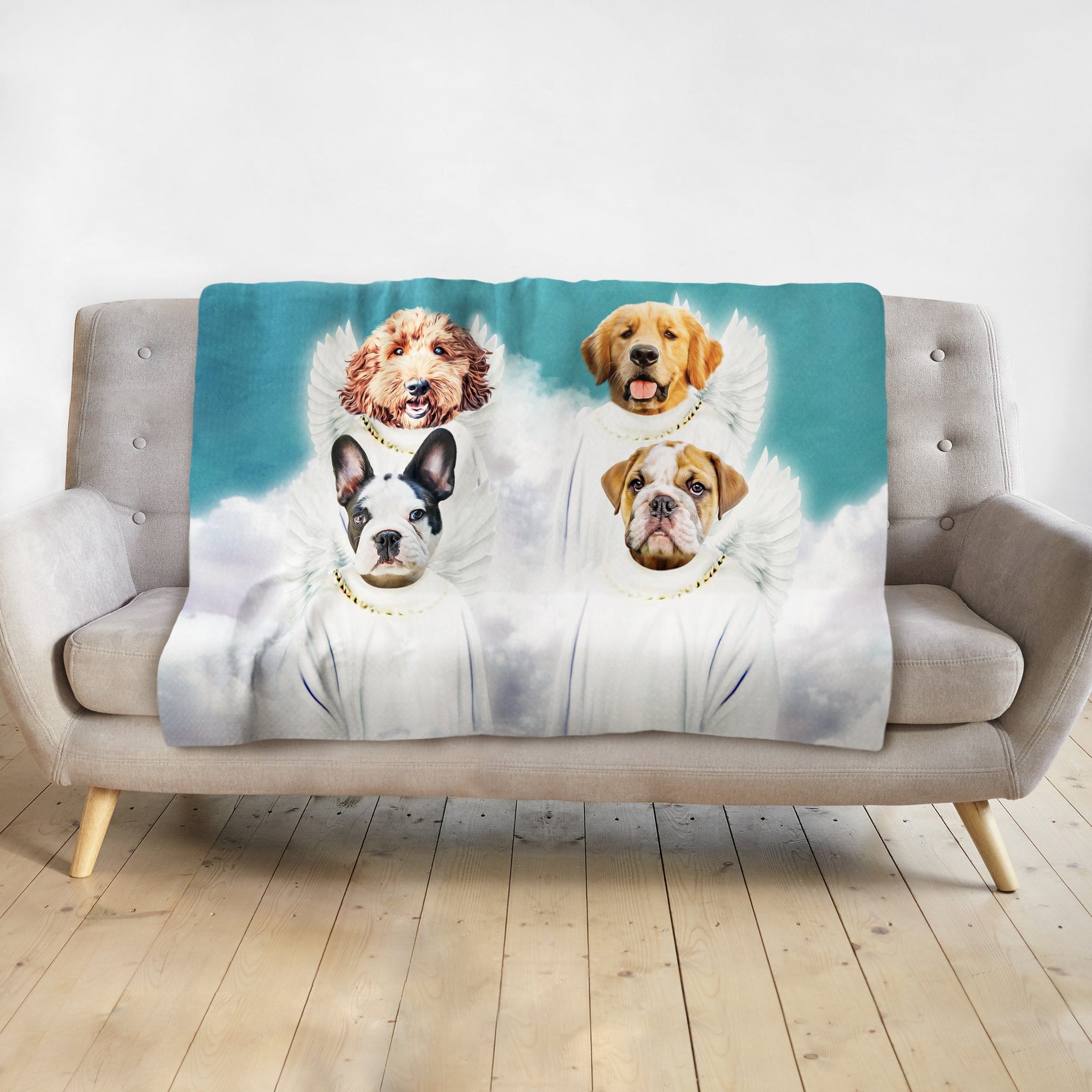 Personalized 4-pet angel portrait blanket featuring a Golden Retriever, Doodle, French Bulldog, and English Bulldog.