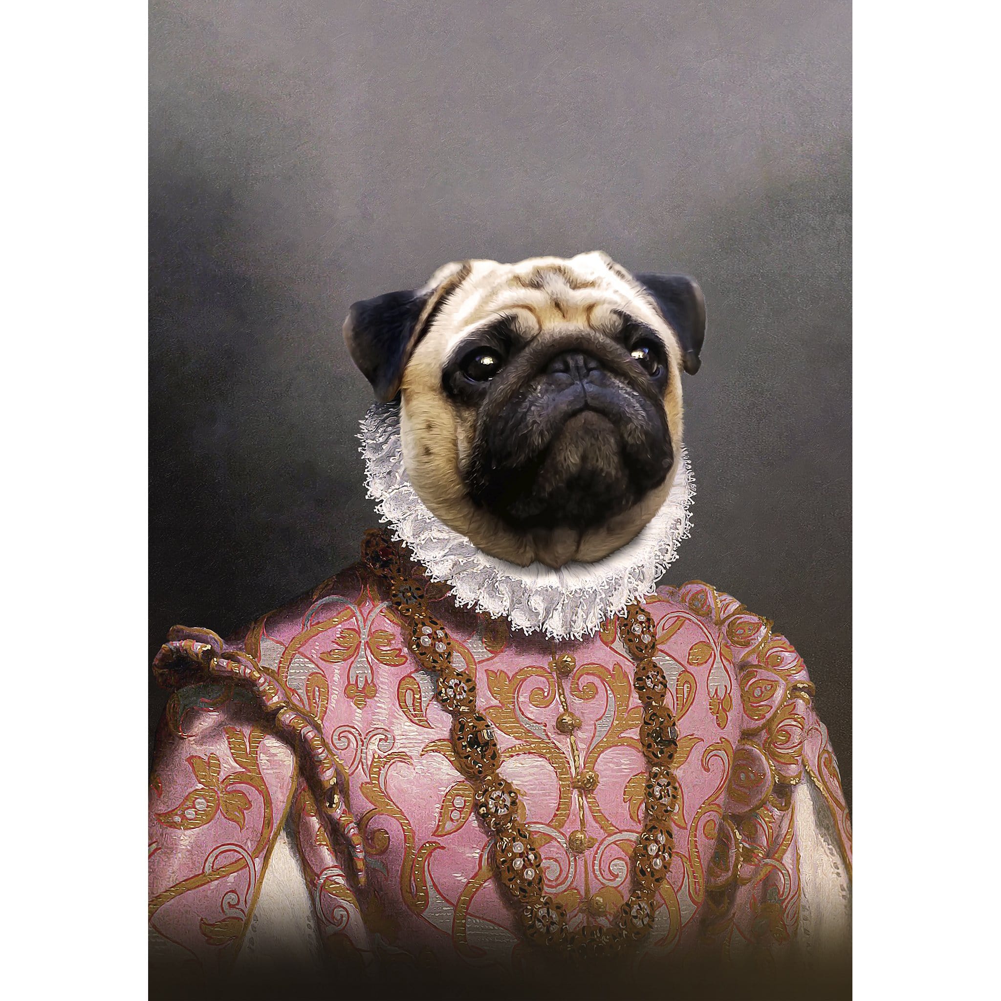 Personalized digital portrait of a pug dressed as a renaissance archduchess in a pink gown.