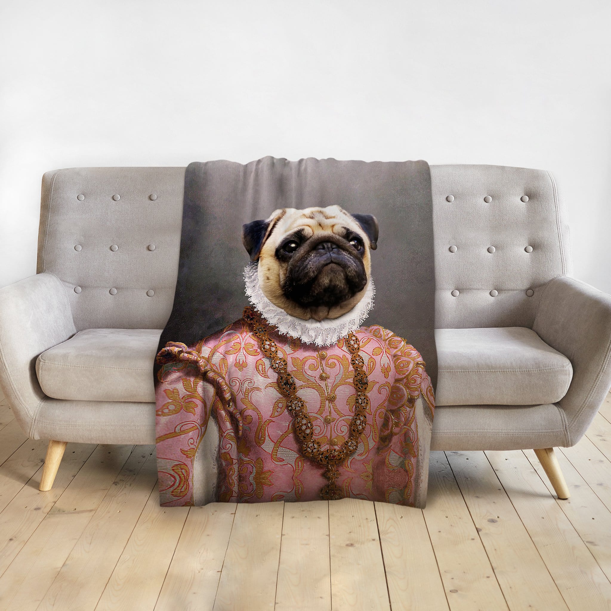 Custom personalized pet blanket featuring a pug in a pink renaissance royal portrait.