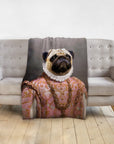 Custom personalized pet blanket featuring a pug in a pink renaissance royal portrait.