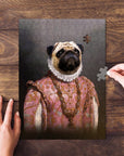 Personalized 'Archduchess' pet puzzle featuring a pug in a pink renaissance portrait.