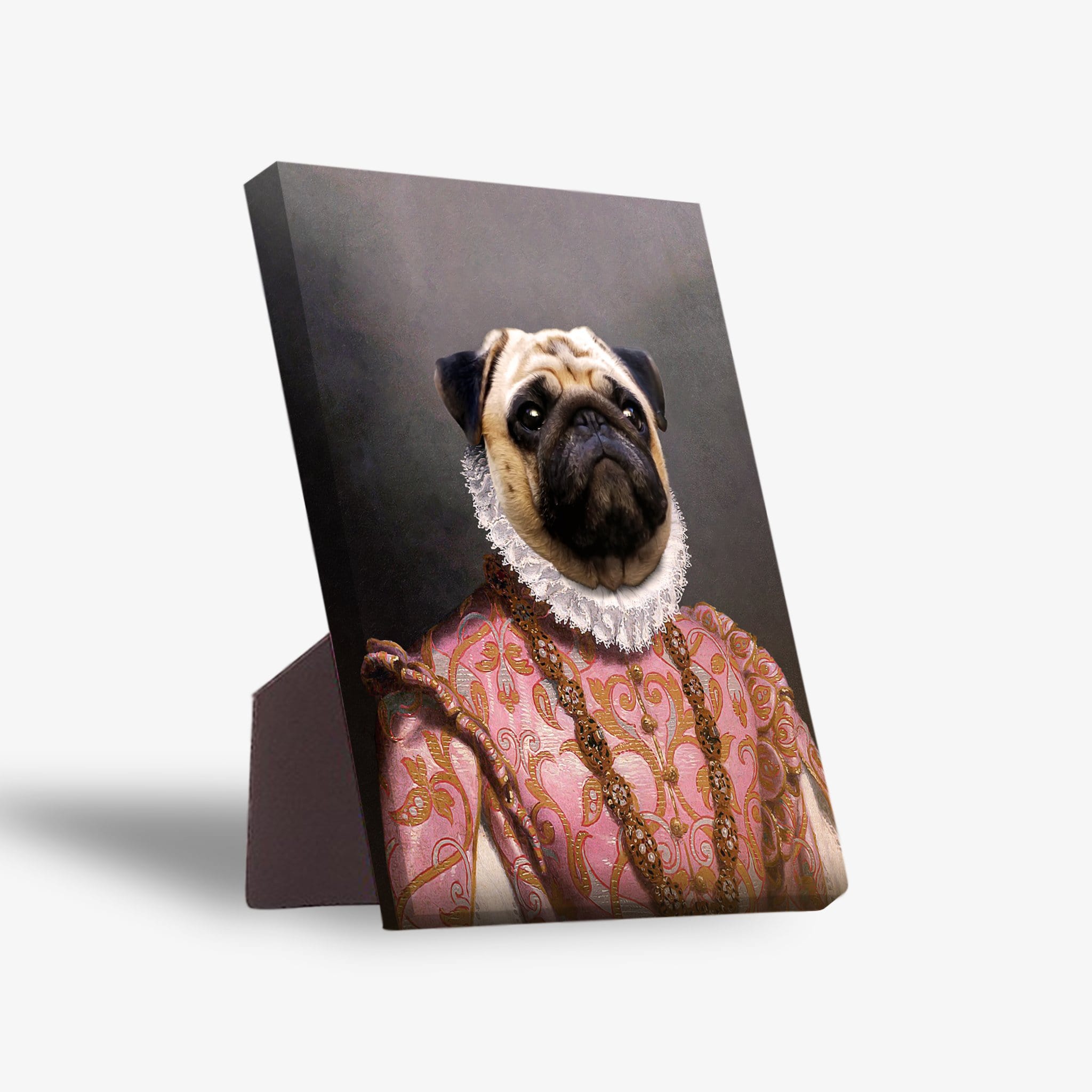 Personalized pet standing canvas featuring a pug in a pink and gold Archduchess costume with a white ruffled collar.