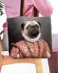 Personalized tote bag with a custom renaissance royal portrait of a pug dog.
