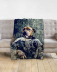 Personalized pet blanket featuring a dog portrait in an army veteran uniform, draped over a sofa.