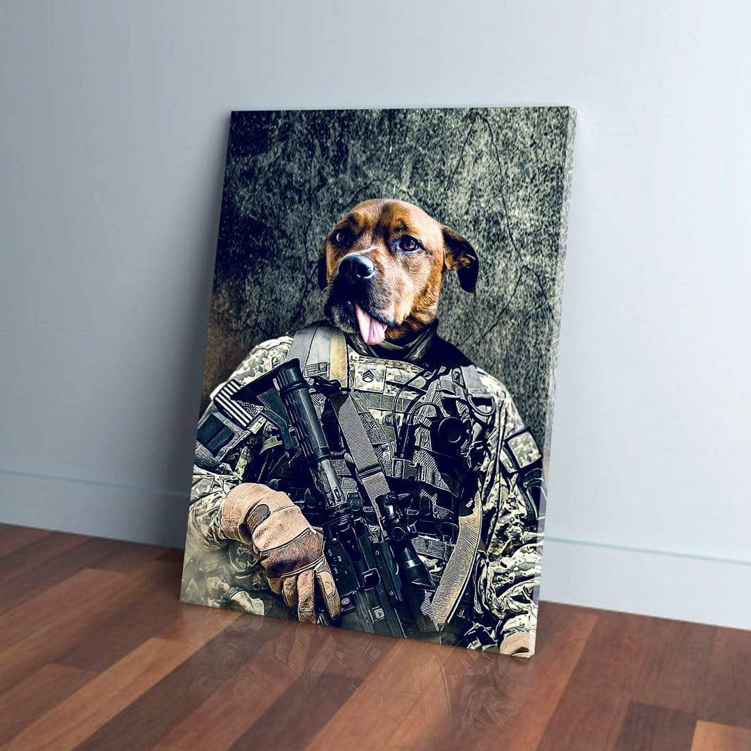 Personalized pet canvas featuring a brown dog's head on an army veteran's body in camouflage uniform.