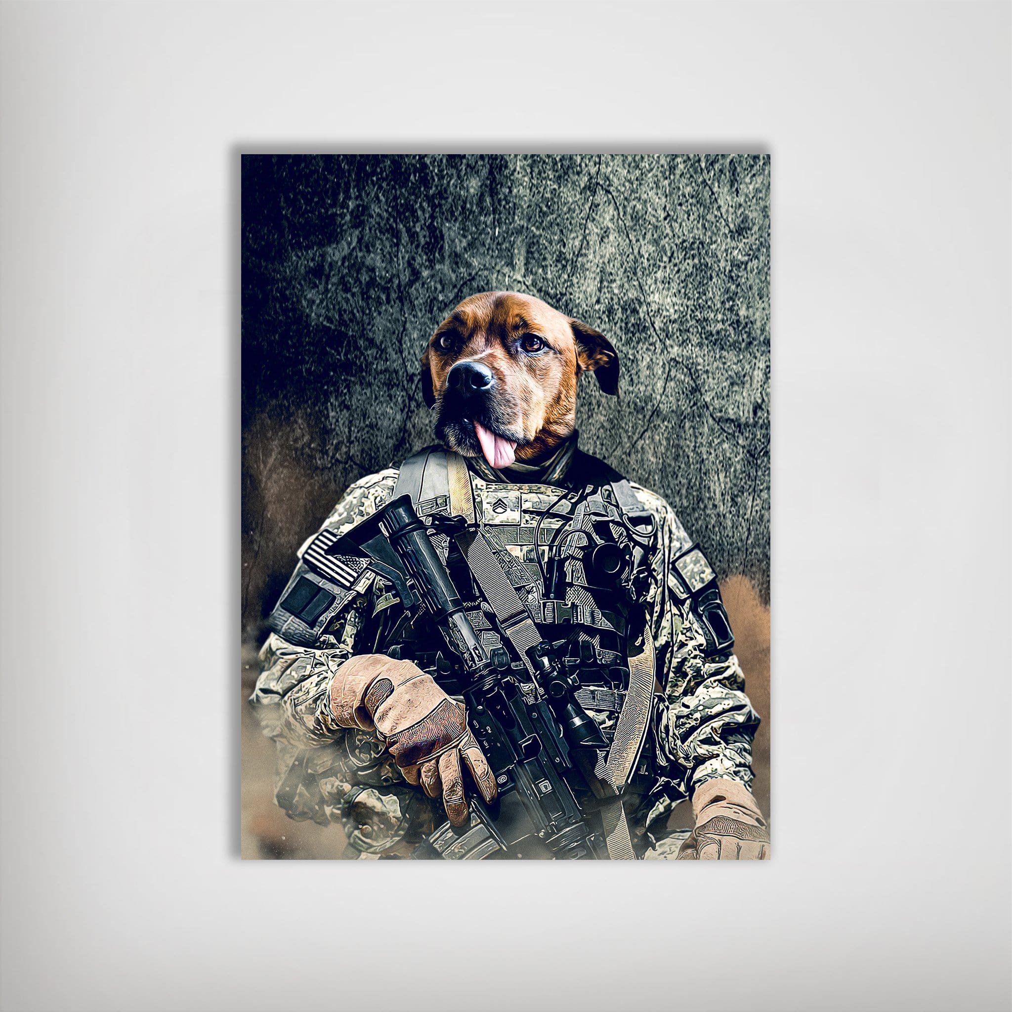 Personalized pet poster featuring a dog's head on an Army veteran in camouflage holding a rifle.