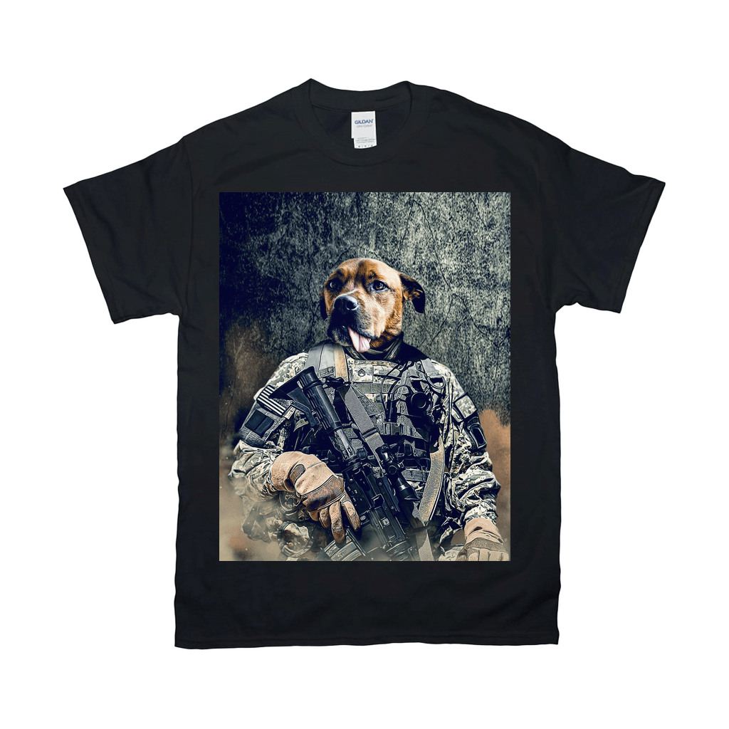 Black Gildan t-shirt with a personalized graphic of a dog's head on a soldier's body in camouflage.