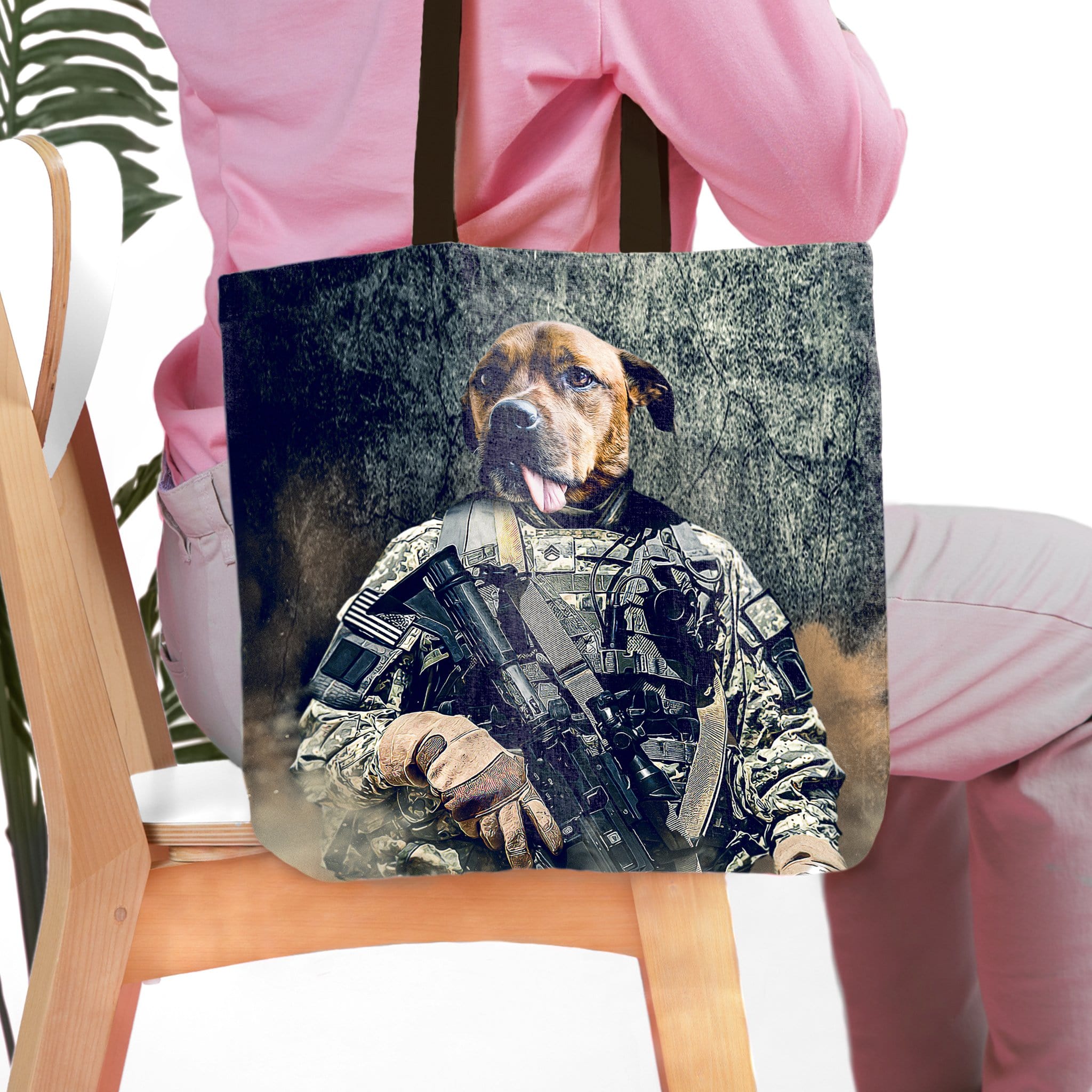 Personalized Army Veteran pet portrait tote bag featuring a dog in military uniform.