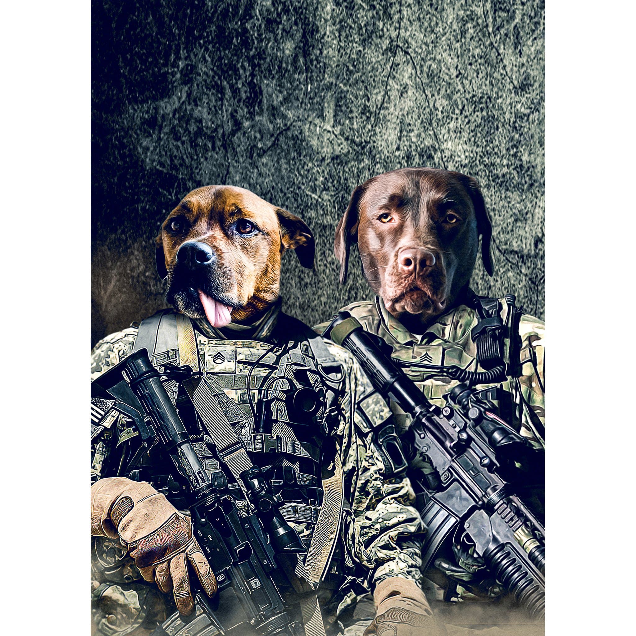 Custom digital portrait of two dogs as army veterans in military uniforms.