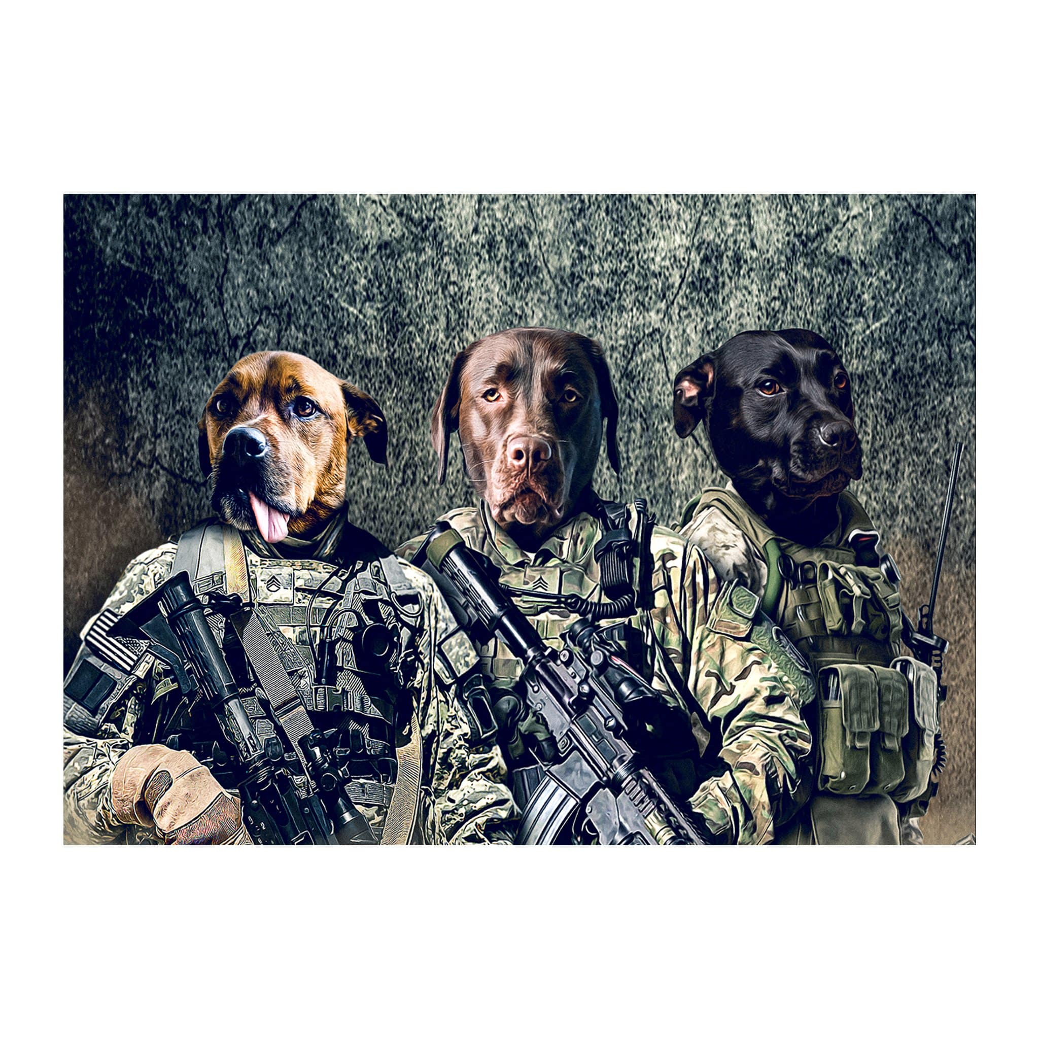Personalized digital portrait of three dogs in military army veteran uniforms.
