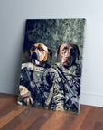 Personalized canvas featuring two dogs dressed as army veterans with rifles, leaning against a wall.