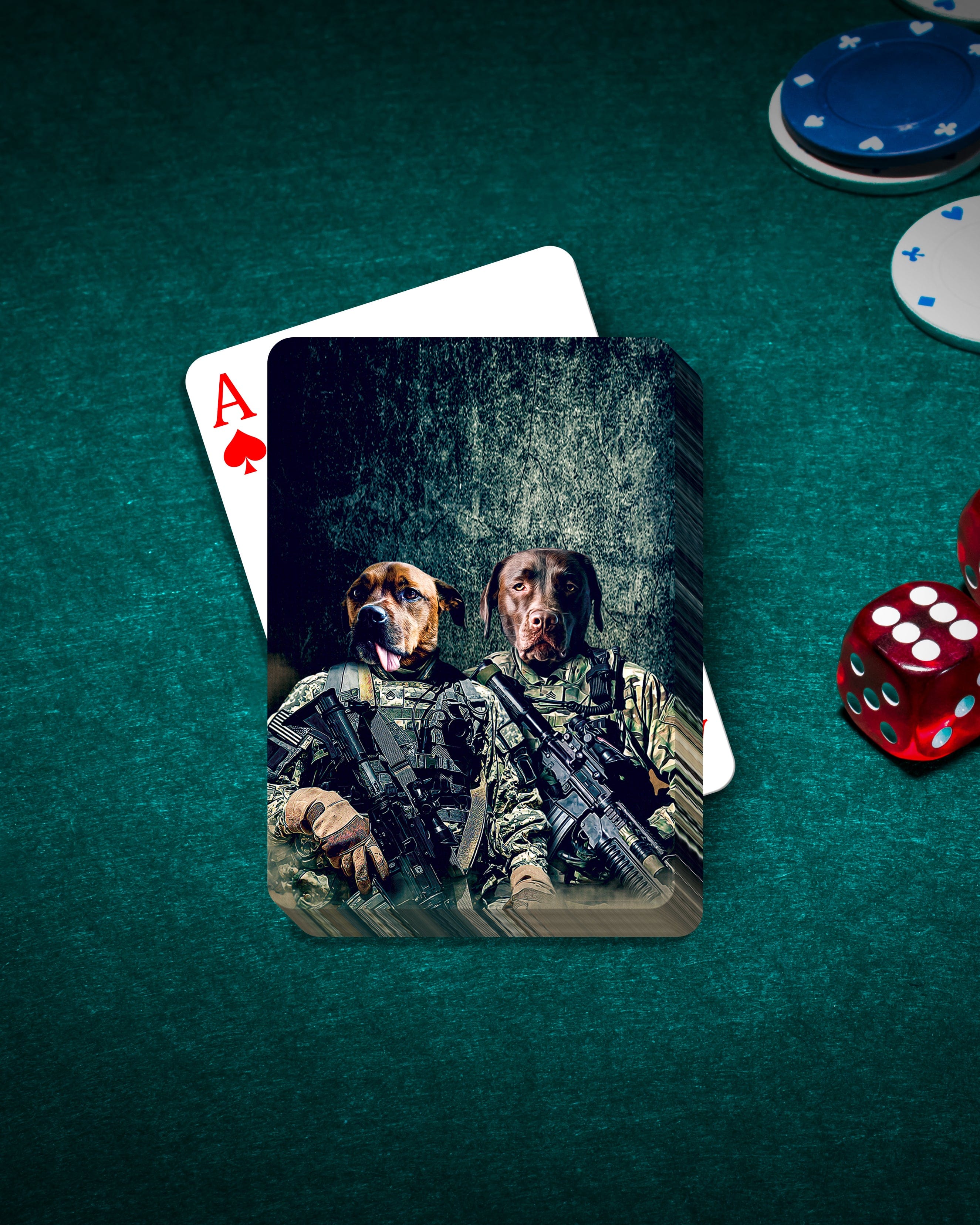 Personalized playing cards featuring two custom pet portraits of dogs in military uniforms.