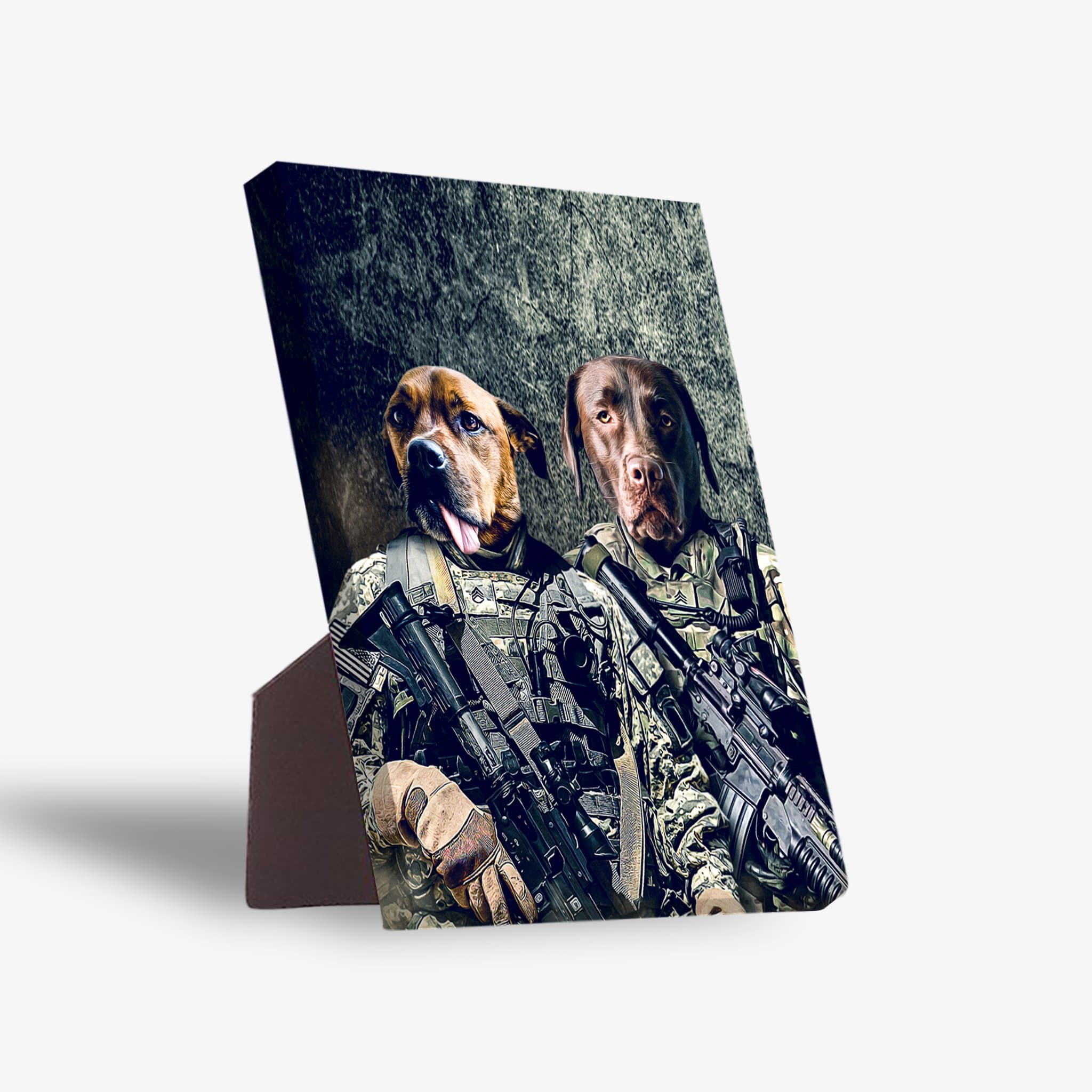 Personalized standing canvas featuring two pets as Army veterans in camouflage, holding rifles, with a dark background.