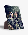 Personalized standing canvas featuring two pets as Army veterans in camouflage, holding rifles, with a dark background.