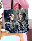 Personalized 2-pet Army Veterans tote bag featuring custom dog portraits in military uniforms.