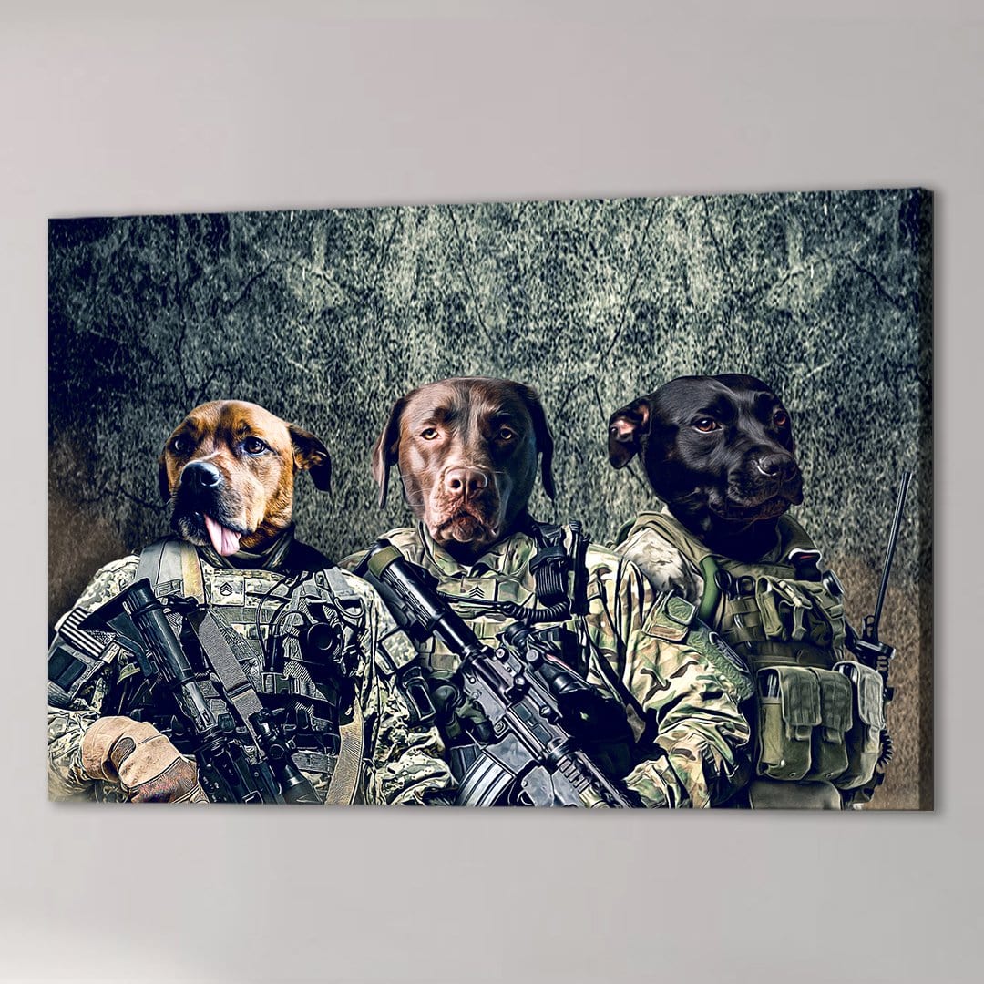 Personalized 3-pet canvas featuring dogs in army veteran uniforms with rifles against a distressed background.