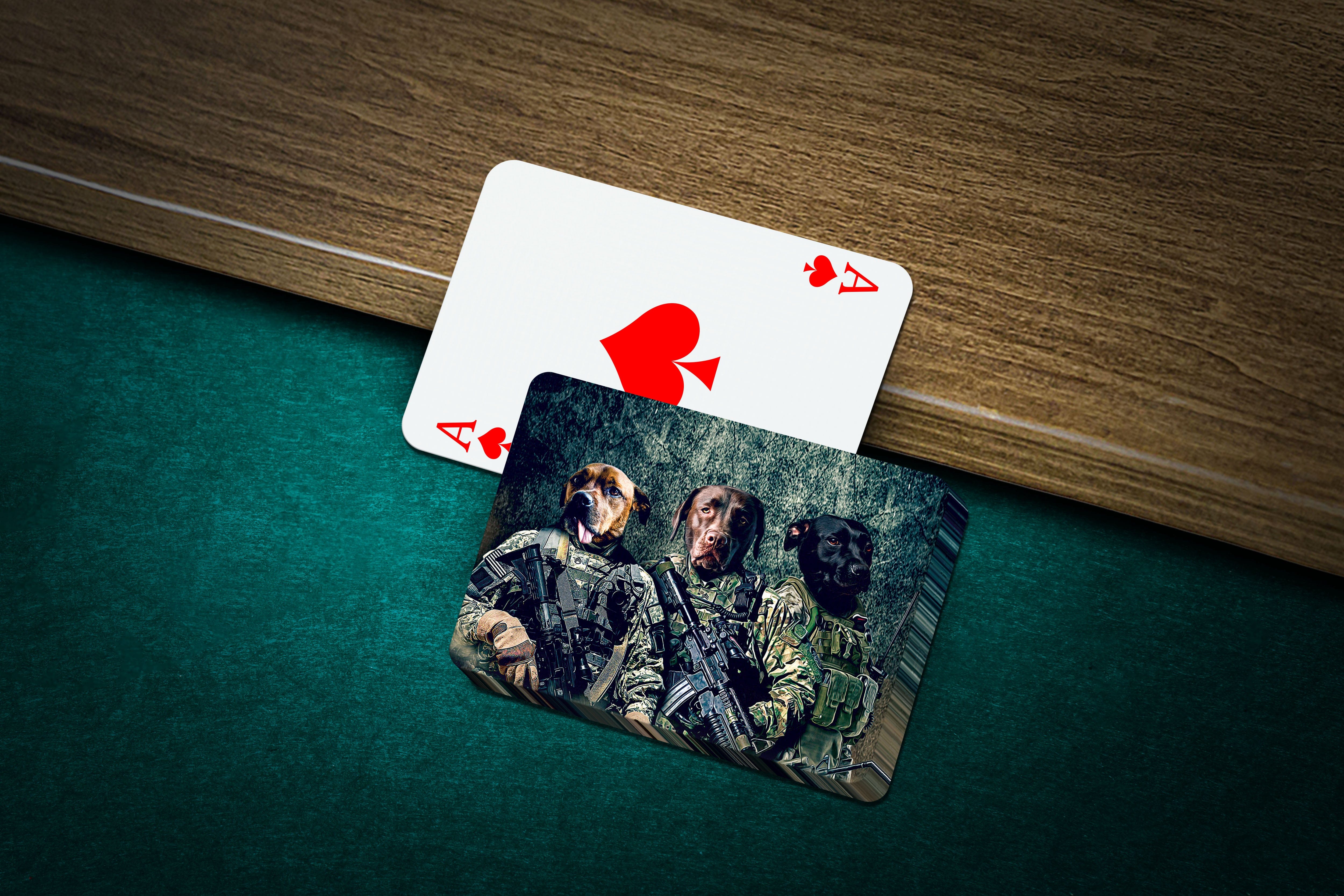 Custom personalized playing cards featuring three pets as Army veterans, on a green felt table.