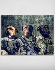 Personalized 'Army Veterans' poster featuring three dogs in military uniforms with tactical gear.