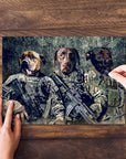 Personalized 3-pet puzzle featuring dogs in military uniforms, with a hand placing a piece.