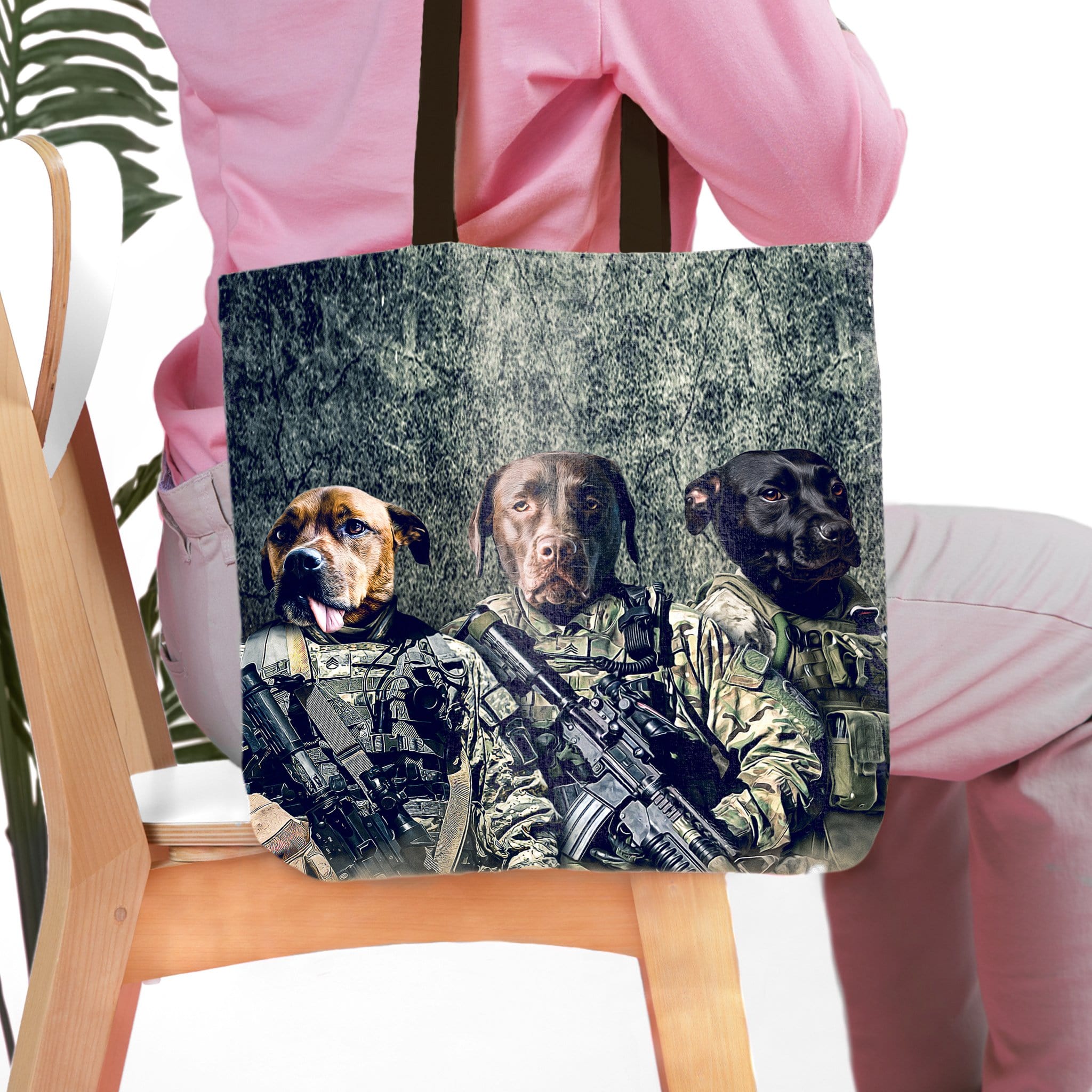 Personalized tote bag featuring three dogs in military uniforms against a textured background.