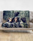 Personalized 4-pet blanket featuring dogs in military uniforms on a beige sofa.