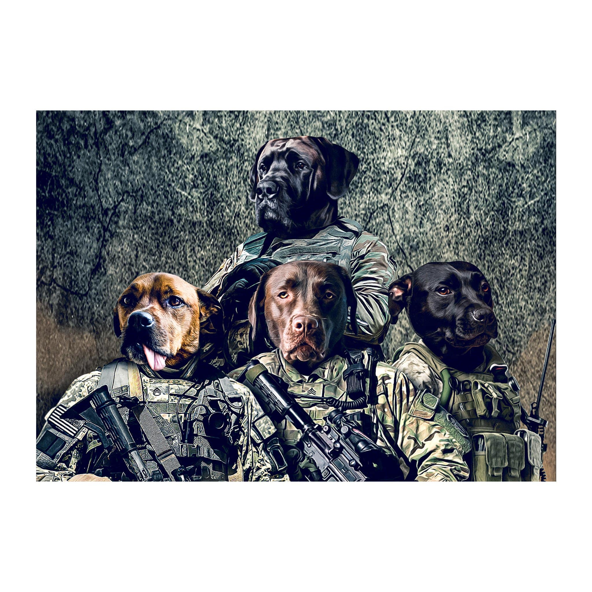 Custom digital portrait of four dogs as Army veterans in military uniforms.