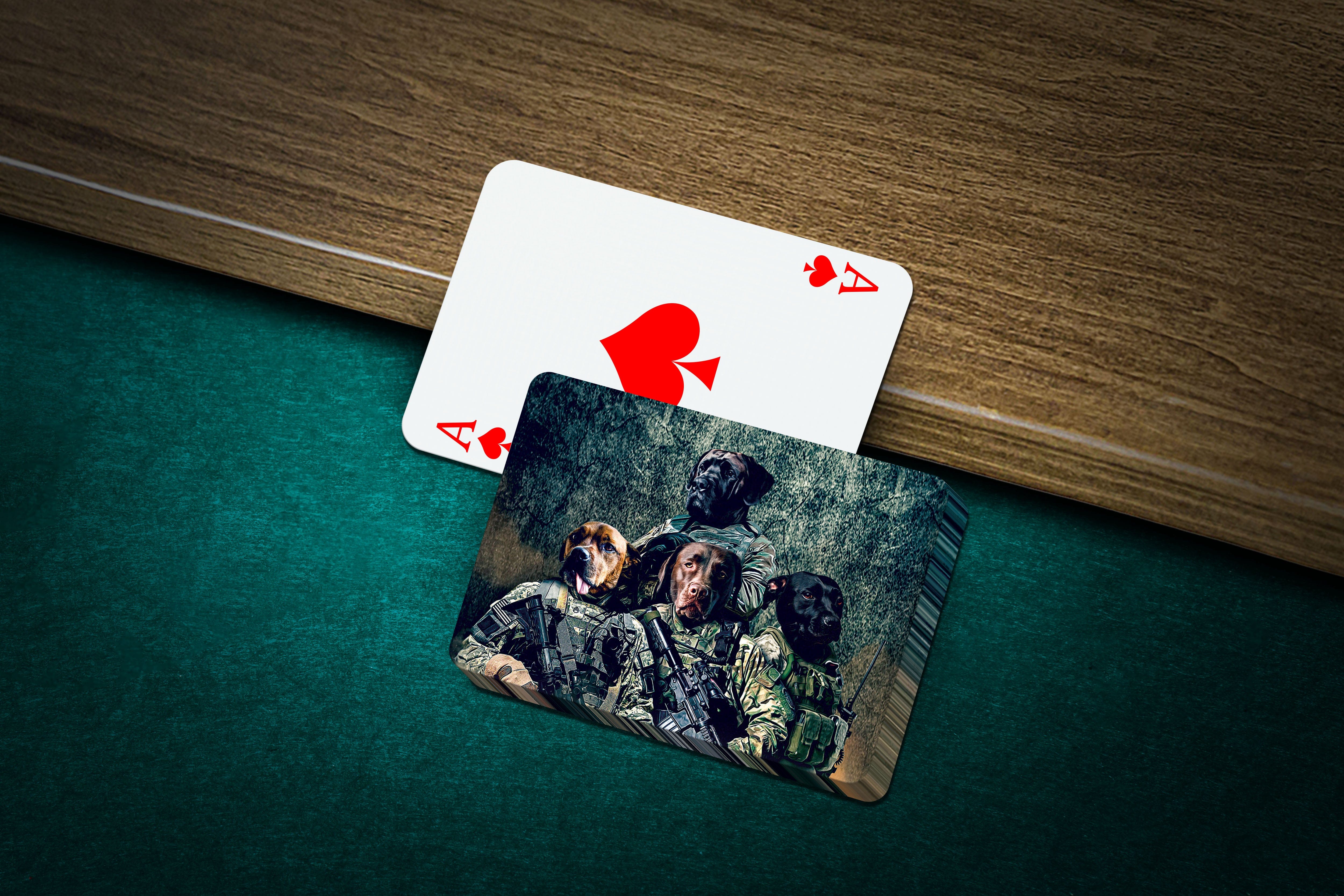 Personalized playing cards with four dogs in military uniforms on a green felt table.