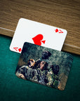 Personalized playing cards with four dogs in military uniforms on a green felt table.