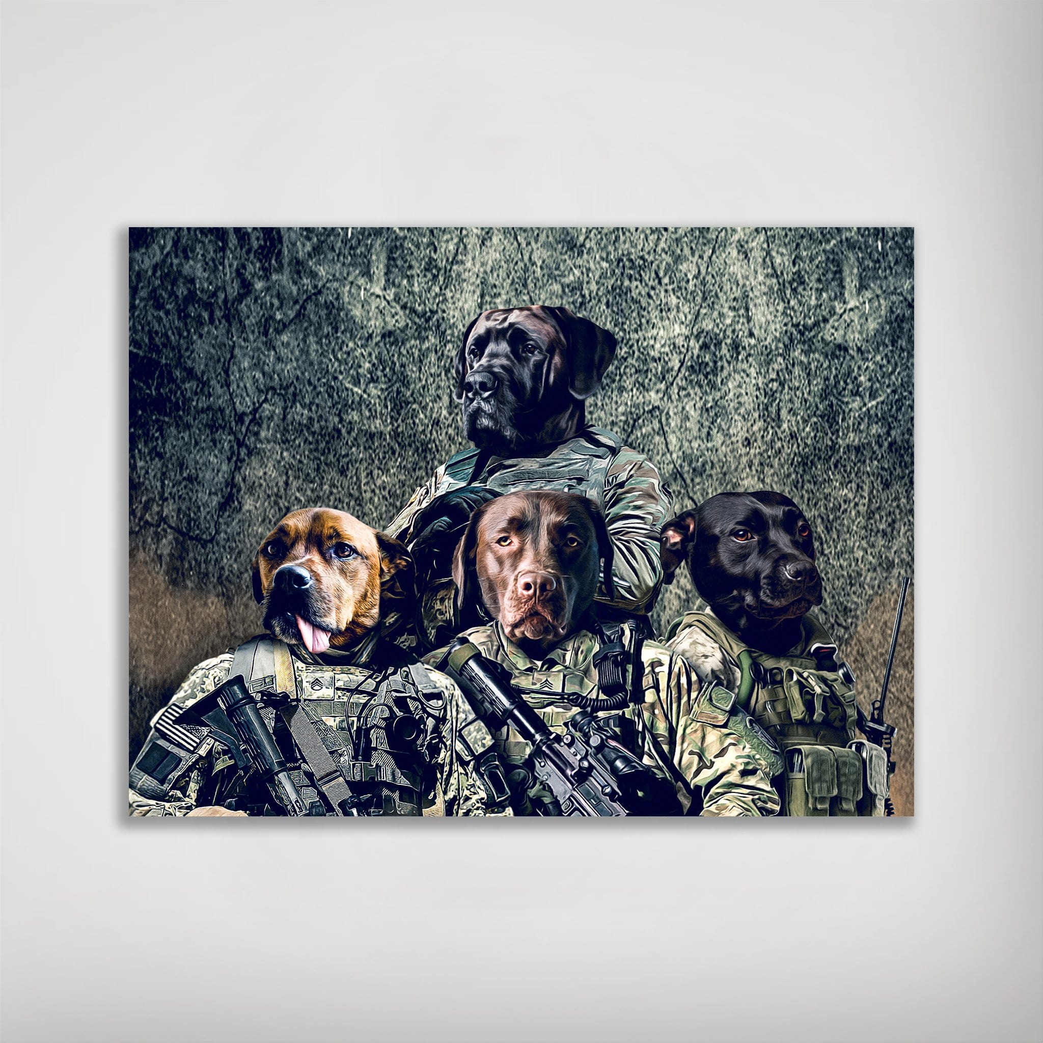 Personalized 'Army Veterans' poster featuring four pets in military uniforms against a distressed background.