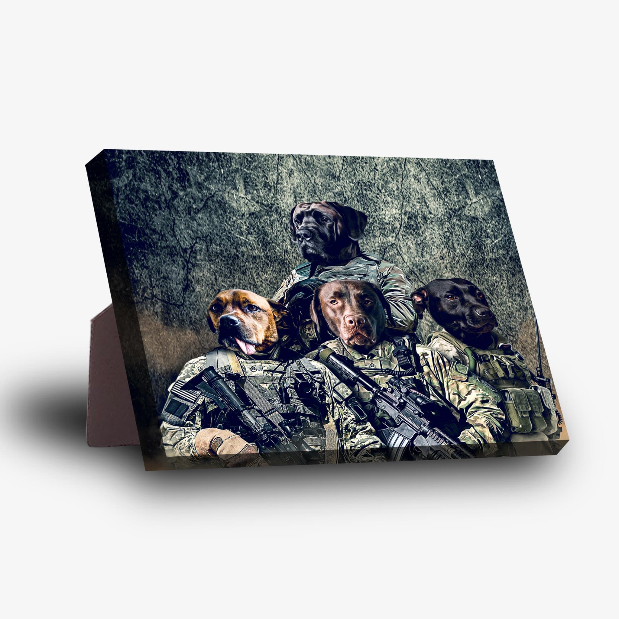 Personalized standing canvas featuring four pets in Army veteran uniforms against a dark, textured background.