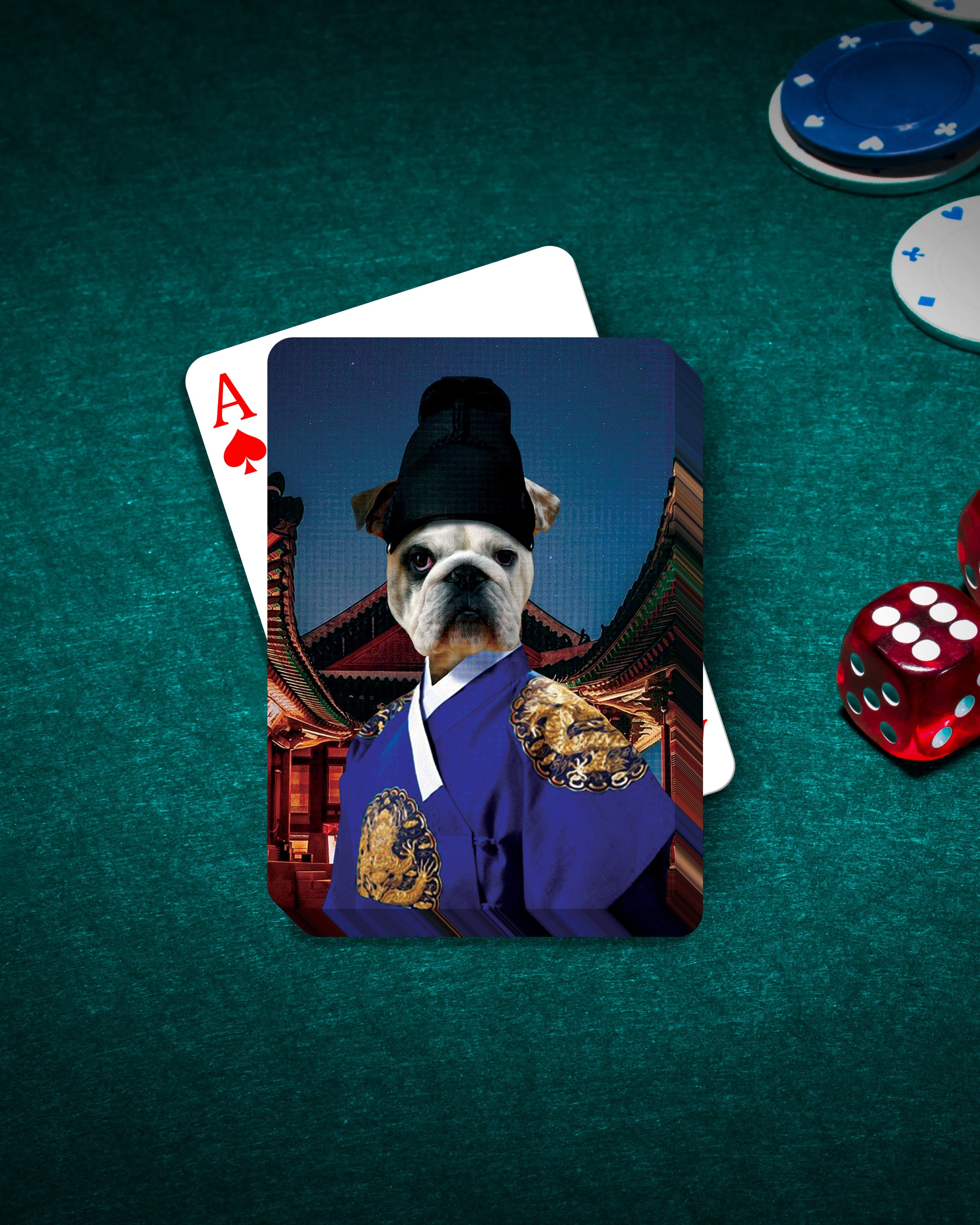 Personalized playing card featuring a French Bulldog pet portrait in an Asian Emperor costume on a green poker table.