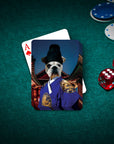 Personalized playing card featuring a French Bulldog pet portrait in an Asian Emperor costume on a green poker table.