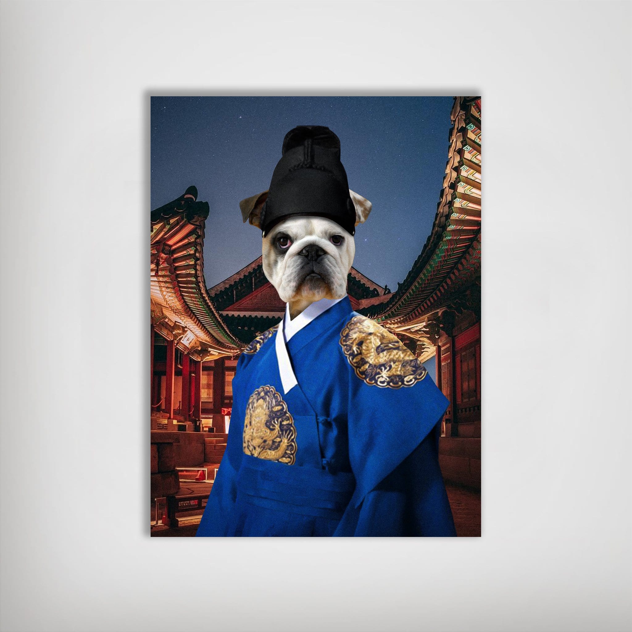 Personalized pet poster featuring a French Bulldog in a blue Asian Emperor robe with gold accents, against a temple background.