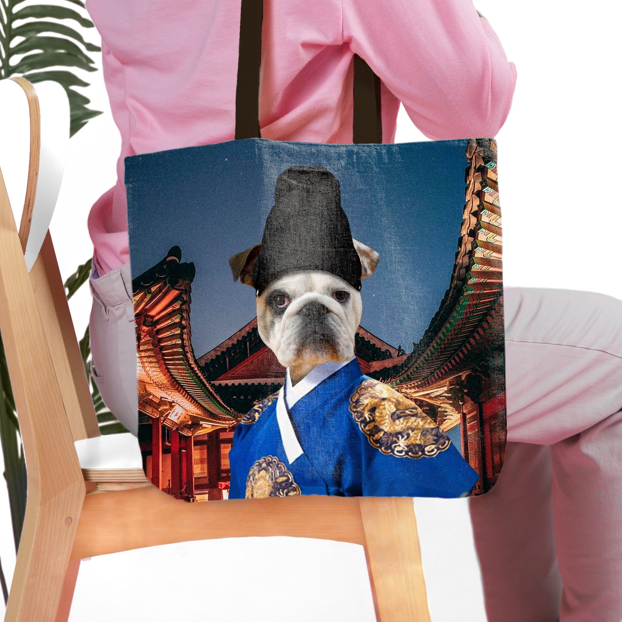 Personalized tote bag with a custom pet portrait of a bulldog in an Asian emperor costume.