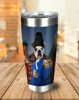 Personalized stainless steel tumbler with a bulldog pet portrait in Asian Emperor attire.