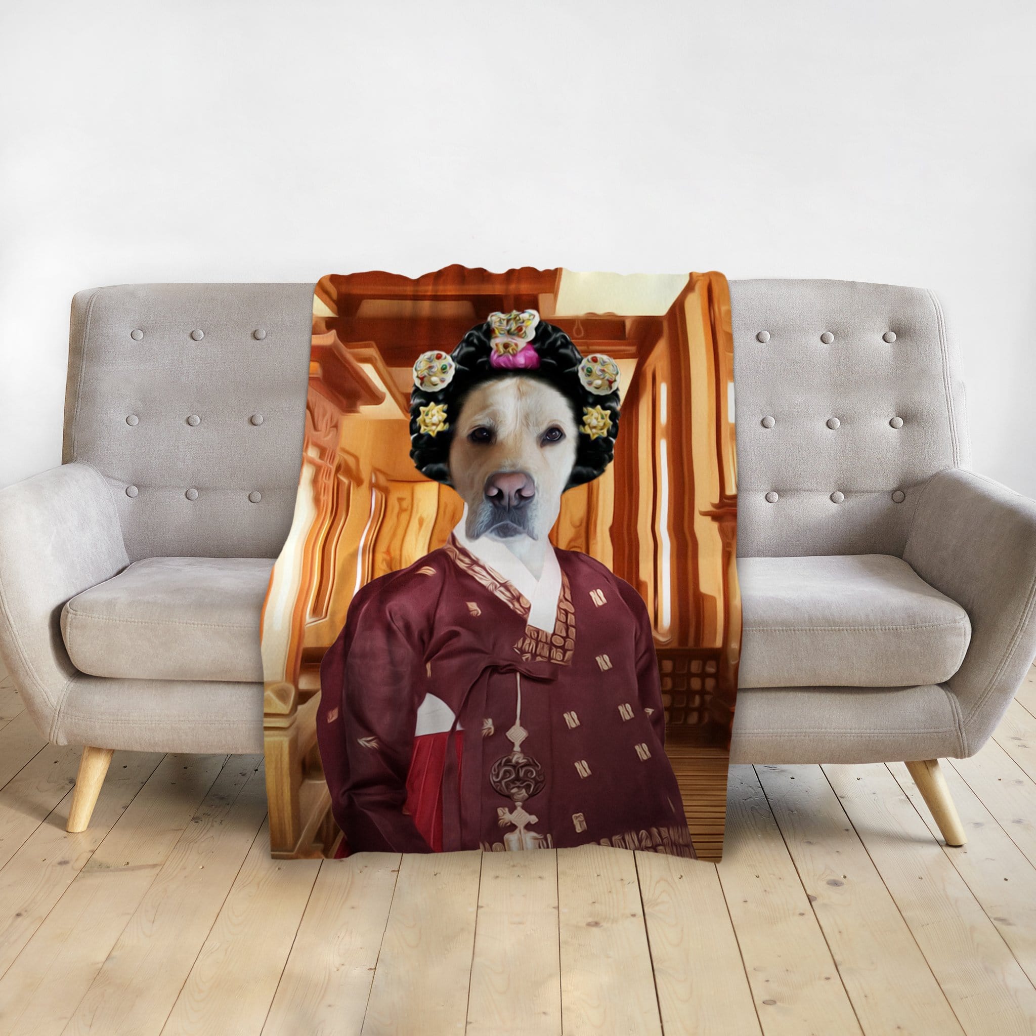Personalized pet blanket with a golden retriever in a custom Asian Empress portrait.