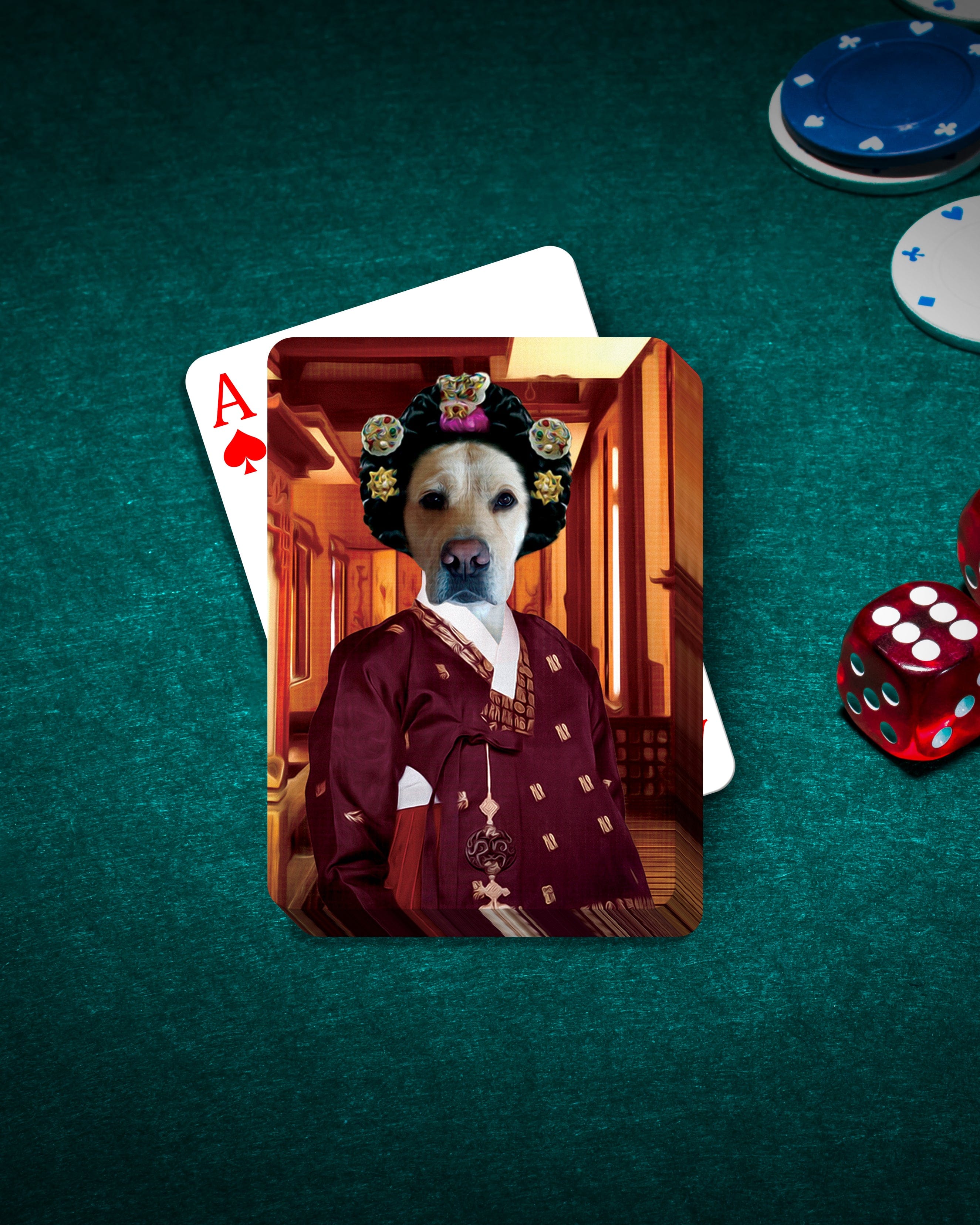 Custom 'Asian Empress' personalized playing card featuring a dog in traditional Korean attire on a green felt table.